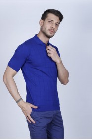 SAX BLUE COLOUR, SHORT SLEEVE, POLO NECK, REGULAR MOLD, 100% COTTON SWEATER