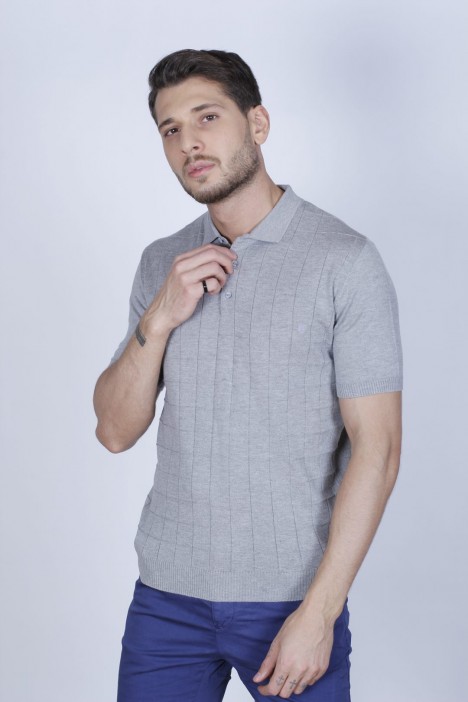 MEDIUM GRAY COLOUR, SHORT SLEEVE, POLO NECK, REGULAR MOLD, 100% COTTON SWEATER