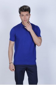 SHORT SLEEVE, ZİPPER POLO NECK, REGULAR MOLD, 100% COTTON SWEATER. BLUE
