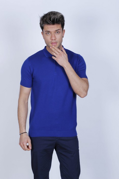SHORT SLEEVE, ZİPPER POLO NECK, REGULAR MOLD, 100% COTTON SWEATER. BLUE