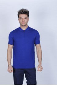 SHORT SLEEVE, ZİPPER POLO NECK, REGULAR MOLD, 100% COTTON SWEATER. BLUE