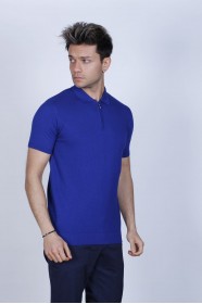 SHORT SLEEVE, ZİPPER POLO NECK, REGULAR MOLD, 100% COTTON SWEATER. BLUE