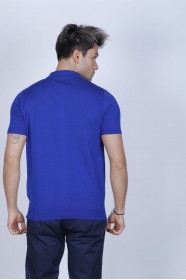 SHORT SLEEVE, ZİPPER POLO NECK, REGULAR MOLD, 100% COTTON SWEATER. BLUE