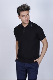 BLACK COLOUR, SHORT SLEEVE, STAND UP COLLAR, REGULAR MOLD, 100% COTTON SWEATER