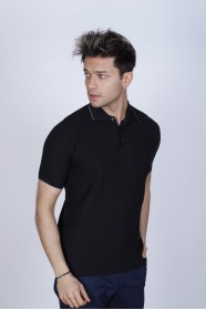 BLACK COLOUR, SHORT SLEEVE, STAND UP COLLAR, REGULAR MOLD, 100% COTTON SWEATER