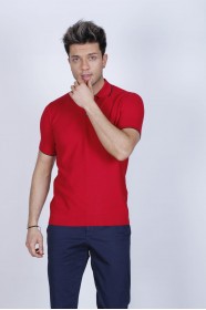 RED COLOUR, SHORT SLEEVE, STAND UP COLLAR, REGULAR MOLD, 100% COTTON SWEATER