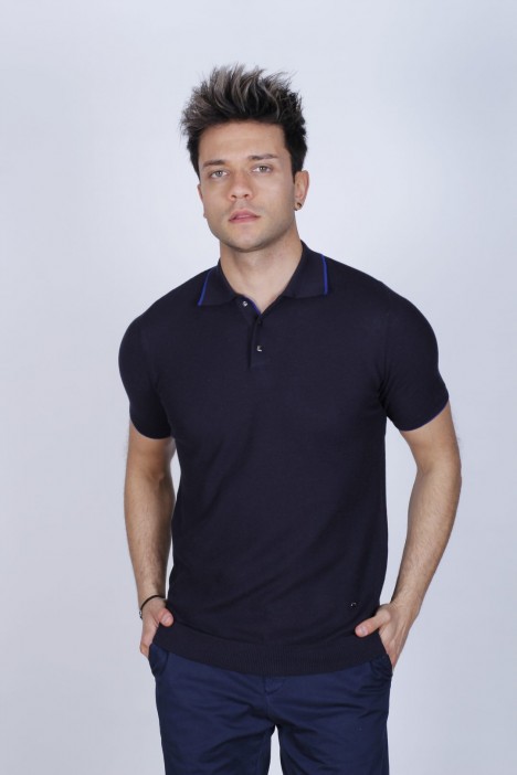 NAVY BLUE COLOUR, SHORT SLEEVE, STAND UP COLLAR, REGULAR MOLD, 100% COTTON SWEATER