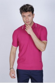 FUCHIA COLOUR, SHORT SLEEVE, STAND UP COLLAR, REGULAR MOLD, 100% COTTON SWEATER