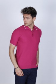 FUCHIA COLOUR, SHORT SLEEVE, STAND UP COLLAR, REGULAR MOLD, 100% COTTON SWEATER