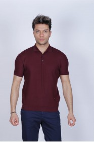 DARK BORDEAUX, SHORT SLEEVE, STAND UP COLLAR, REGULAR MOLD, 100% COTTON SWEATER