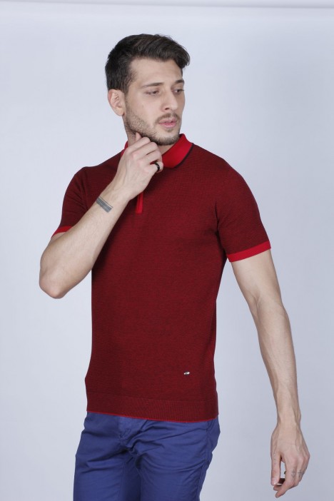 RED COLOUR, SHORT SLEEVE, ZİPPER POLO NECK, REGULAR MOLD, 100% COTTON SWEATER