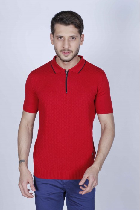 RED COLOUR, SHORT SLEEVE, ZİPPER POLO NECK, REGULAR MOLD, 100% COTTON SWEATER
