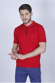 RED COLOUR, SHORT SLEEVE, ZİPPER POLO NECK, REGULAR MOLD, 100% COTTON SWEATER