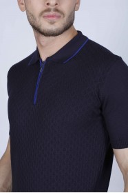 NAVY BLUE COLOUR, SHORT ZİPPER SLEEVE, ZİPPER POLO NECK, REGULAR MOLD, 100% COTTON SWEATER