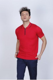 RED COLOUR, SHORT SLEEVE, ZİPPER POLO NECK, REGULAR MOLD, 100% COTTON SWEATER