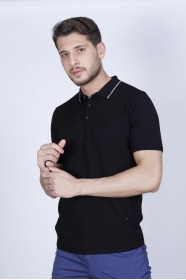 BLACK COLOUR, SHORT SLEEVE, POLO NECK, REGULAR MOLD, 100% COTTON SWEATER