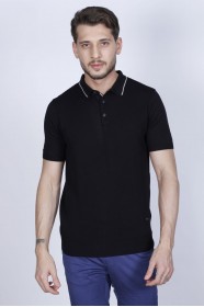 BLACK COLOUR, SHORT SLEEVE, POLO NECK, REGULAR MOLD, 100% COTTON SWEATER