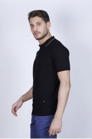 BLACK COLOUR, SHORT SLEEVE, POLO NECK, REGULAR MOLD, 100% COTTON SWEATER