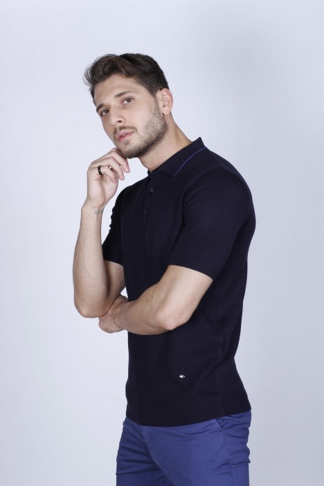 SHORT SLEEVE, ZİPPER POLO NECK, REGULAR MOLD, 100% COTTON SWEATER. NAVY BLUE