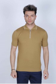 DARK MUSTARD, SHORT SLEEVE, ZİPPER POLO NECK, REGULAR MOLD, 100% COTTON SWEATER