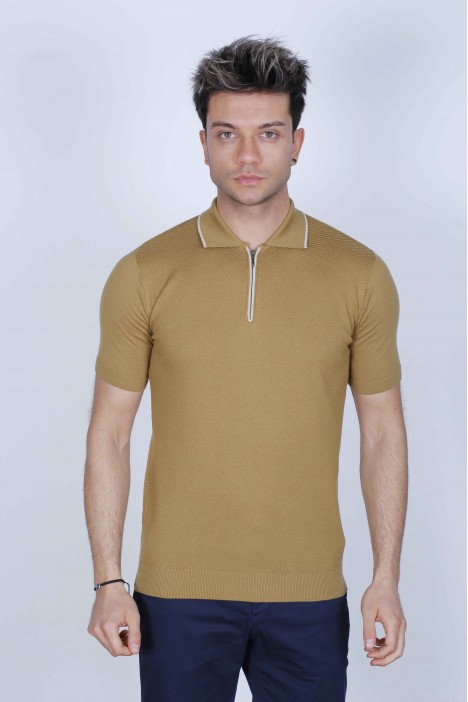DARK MUSTARD, SHORT SLEEVE, ZİPPER POLO NECK, REGULAR MOLD, 100% COTTON SWEATER