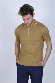 DARK MUSTARD, SHORT SLEEVE, ZİPPER POLO NECK, REGULAR MOLD, 100% COTTON SWEATER