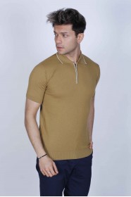 DARK MUSTARD, SHORT SLEEVE, ZİPPER POLO NECK, REGULAR MOLD, 100% COTTON SWEATER