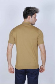 DARK MUSTARD, SHORT SLEEVE, ZİPPER POLO NECK, REGULAR MOLD, 100% COTTON SWEATER