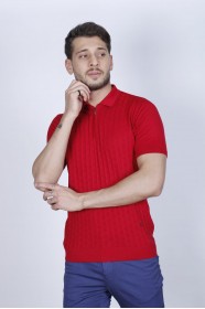 RED COLOUR, SHORT SLEEVE, ZİPPER POLO NECK, REGULAR MOLD, 100% COTTON SWEATER