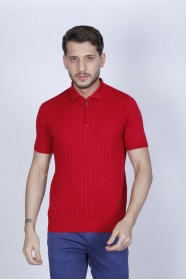 RED COLOUR, SHORT SLEEVE, ZİPPER POLO NECK, REGULAR MOLD, 100% COTTON SWEATER