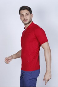 RED COLOUR, SHORT SLEEVE, ZİPPER POLO NECK, REGULAR MOLD, 100% COTTON SWEATER