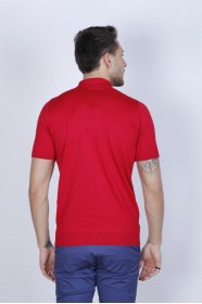 RED COLOUR, SHORT SLEEVE, ZİPPER POLO NECK, REGULAR MOLD, 100% COTTON SWEATER