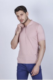 DRIED ROSE COLOUR, SHORT SLEEVE, ZİPPER POLO NECK, REGULAR MOLD, 100% COTTON SWEATER