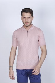 DRIED ROSE COLOUR, SHORT SLEEVE, ZİPPER POLO NECK, REGULAR MOLD, 100% COTTON SWEATER