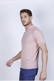 DRIED ROSE COLOUR, SHORT SLEEVE, ZİPPER POLO NECK, REGULAR MOLD, 100% COTTON SWEATER