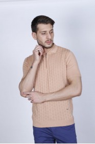 SALMON COLOUR, SHORT SLEEVE, POLO NECK, REGULAR MOLD, 100% COTTON SWEATER