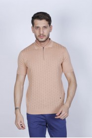 SALMON COLOUR, SHORT SLEEVE, POLO NECK, REGULAR MOLD, 100% COTTON SWEATER