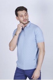 ICE BLUE COLOUR, SHORT SLEEVE, ZIPPER POLO NECK, REGULAR MOLD, 100% COTTON SWEATER