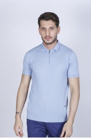 ICE BLUE COLOUR, SHORT SLEEVE, ZIPPER POLO NECK, REGULAR MOLD, 100% COTTON SWEATER