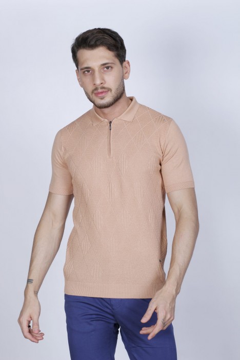 SHORT SLEEVE, ZİPPER POLO NECK, REGULAR MOLD, 100% COTTON SWEATER. DRIEDROSE