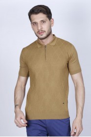 SHORT SLEEVE, ZİPPER POLO NECK, REGULAR MOLD, 100% COTTON SWEATER. DARK MUSTARD