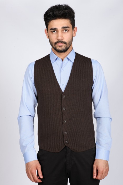 MELANGE BROWN COLOR WOOL KNİTTED WAİSCOAT